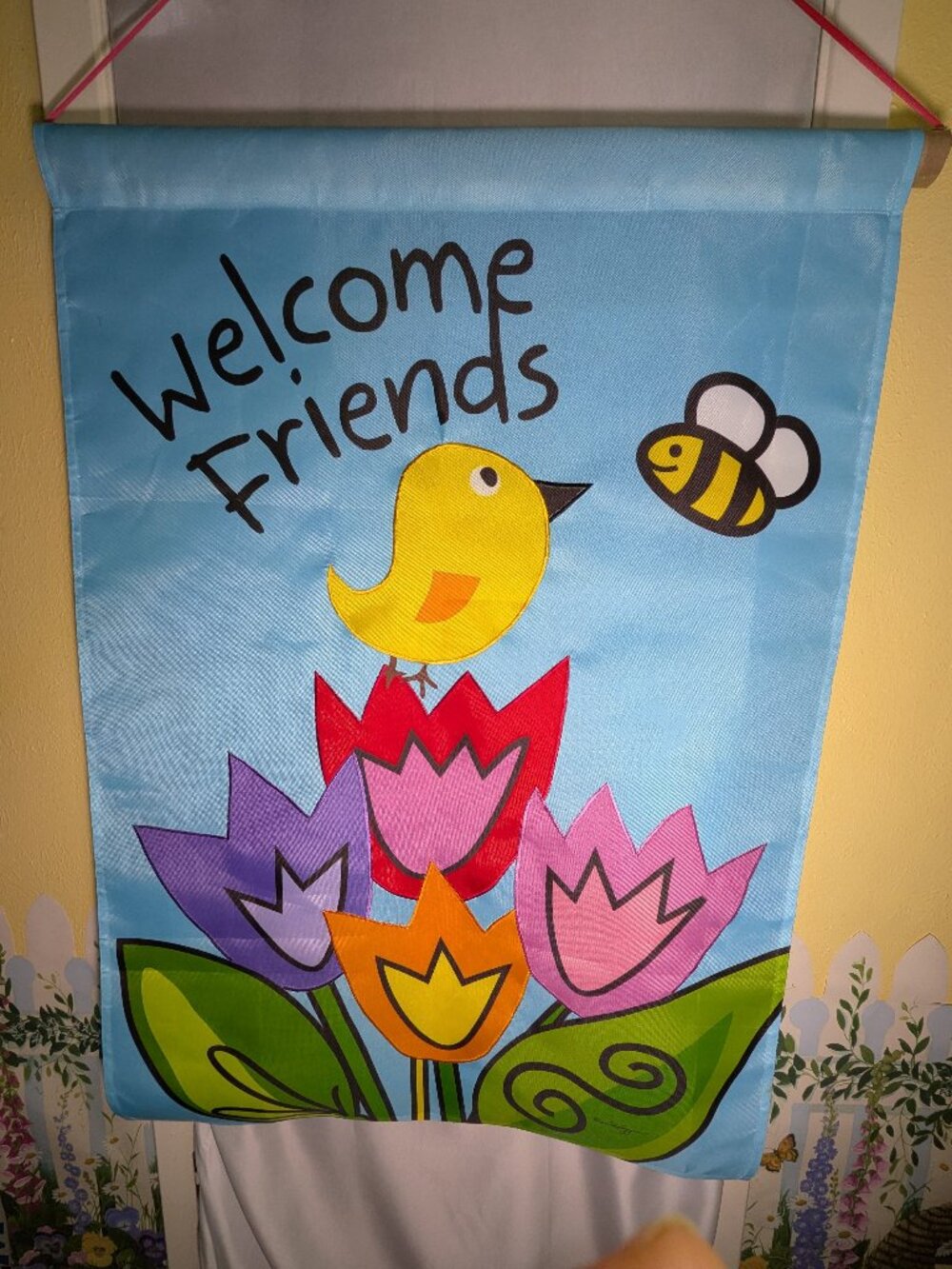 Spring Welcome Friends House Flag Tulip Bird Bumblebee Embroidered 28x40